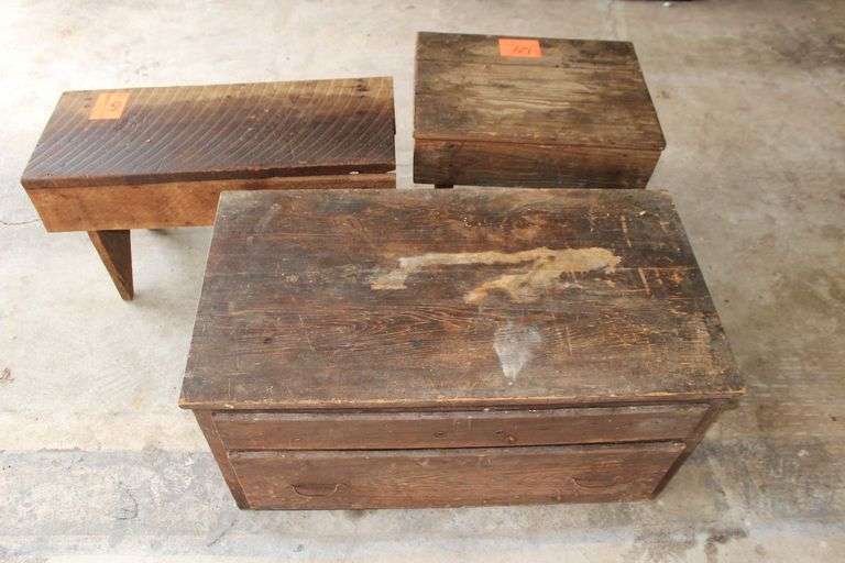 Wooden Bench, Wooden End Table, and 2 Drawer Cabinet image