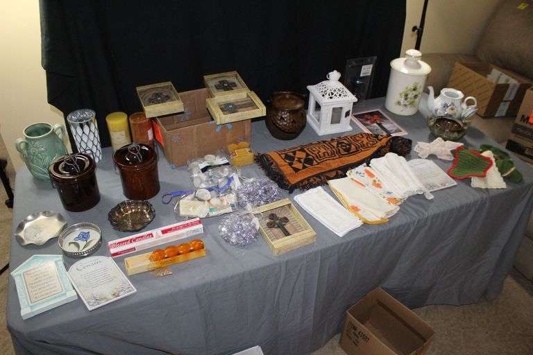 Candles, Archway Cross Decorations, (2) Stone Canisters, Hanging Lanterns, Pumpkin Decorations, Hand Towels, and Misc. image
