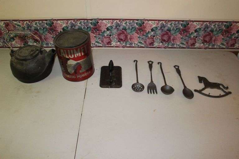 Cast Iron Kettle with Handle, Cracker Barrel Cast Iron Press, Baking Powder Tin, Cast Iron Utensils, and Cast Iron Horse image