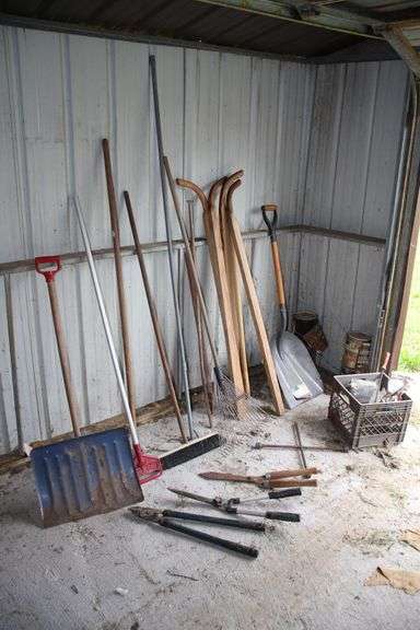 Scoop Shovels, Pruners, Broom, 4 Way Tire Tool, Wheelbarrow Handles, Rake, Broom Handles, and Misc image