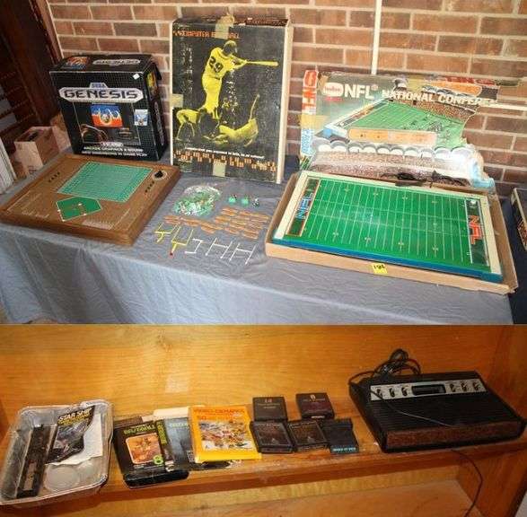 Telegames Gaming Console and Games, Aurio Model Motoring Tracks, Hot Wheels Fat Track Extra Wide Track Pieces, Video Arcade Controllers, Computer Baseball Game, NFL National Conference Electronic Football, and Genesis Video Entertainment System Box image