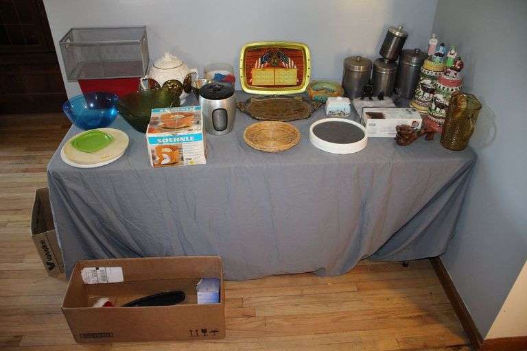 Cookie Jar, Tray, Bowls, Pitchers, Baking Scale, Metal Canister Set, Large Ceramic Mugs, Ashtrays, and Cookie Cutters image