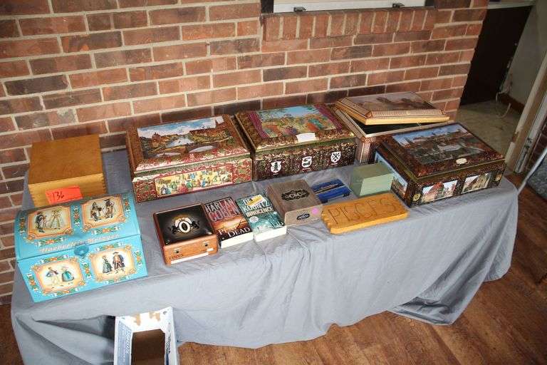 (4) German Cookie Tins, File Box, Tin Trunk, Cigar Boxes, Drafting Compass, and Misc image