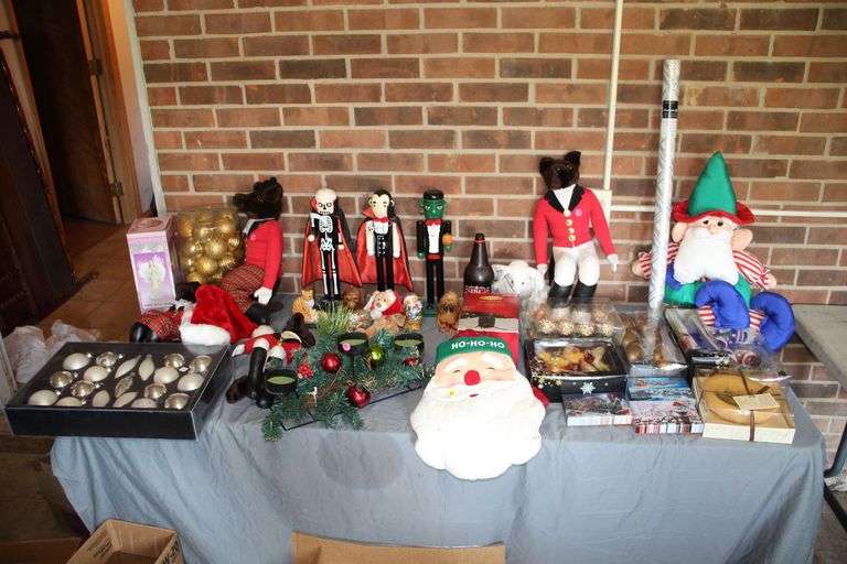 (3) Halloween Nutcrackers, Figurines, Ornaments, Stuffed Figurines, Christmas Lights, and Misc image