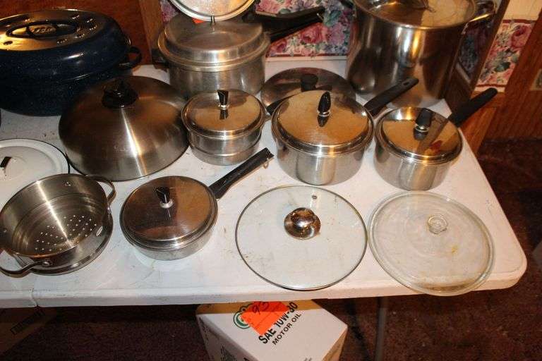 Graniteware Roaster Pan with Lid, Pressure Cooker, Pots, Cake Mold, Graniteware Pot with Lid, Serving Tray, Stainless Cooker Pot, and Frying Pan