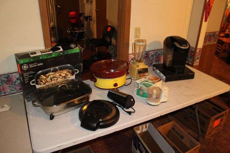 GE Stainless Steel Electric Skillet, Crock Pot, Osterizer Blender, Electric Can Opener, Keurig, K Cup Tray, and Mini Food Chopper image