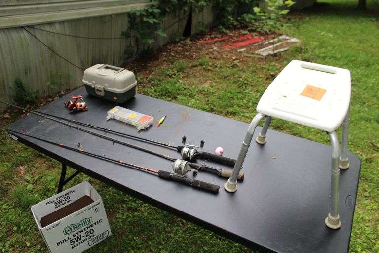 Zebco Fishing Rod, Zebco Reel with Gage Rod, Authentic 33 Reel with Zebco Rod, Shower Seat, Plano Tackle Box and Contents, Gage Open Reel, and Plastic Tackle Tray image