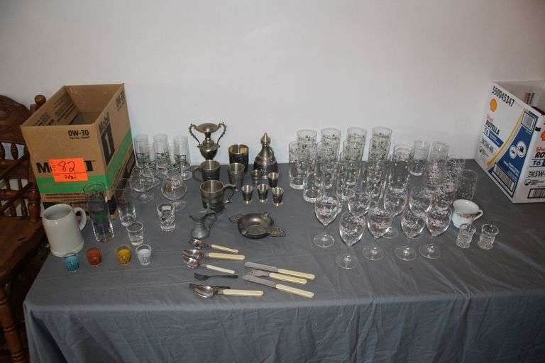 Drinking Glasses, Wine Glasses, Pewter Pieces, Shot Glasses, and Cutlery image