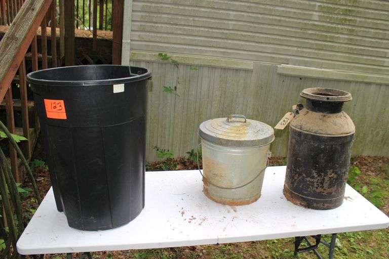 Metal Trash Can with Lid, Plastic Trash Can, and Metal Cream Can image