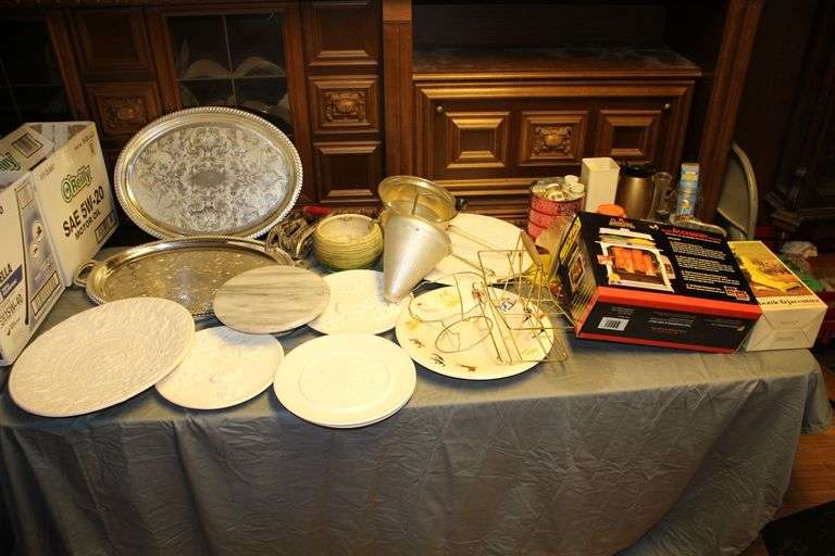 Ronco Bottle and Jar Cutter, Marble Cake Stand, Ceramic Circular Decorations, Silver Plate Serving Trays, Can Crusher, Showtime Rotisserie Deluxe Accessory Package, Canteen, Wicker Baskets, and Misc image