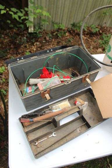 Plastic Tool Box with Tray, Lug Nuts, Nails, Claw Hammer, 6 Gallon Sprayer, Rope, and (2) Plastic Gas Cans, Propane Tank, and Misc.
