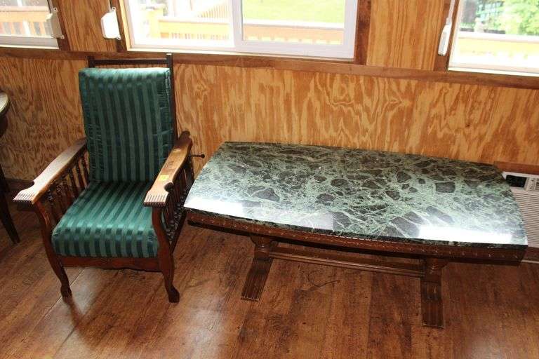 Marble Top Coffee Table and Cushioned Reclining Wooden Arm Chair image