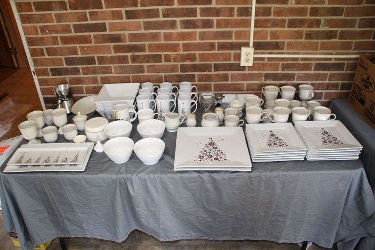 Food Network Various Sized Serving Plates, 3 Section Sauce Dish, and Cups, Martha Stewart Bowls, Glass Mug with Bell, Mugs, Salt and Pepper Shakers, and Sculptura Stoneware Cups and Mugs image