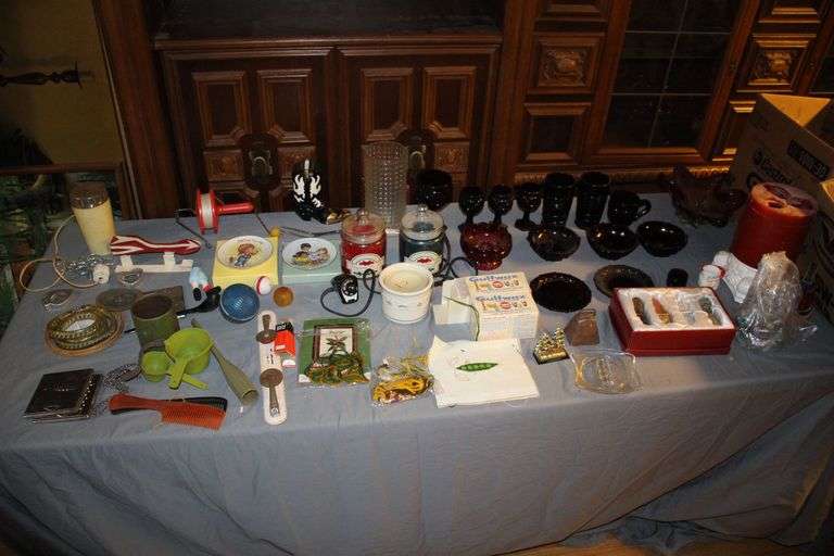 Avon Glass Cups and Saucers, Candy Dish, Candles, Fruit Dish, Glass Ashtray, Decorative Saucers, Shoe Decorations, and Misc image