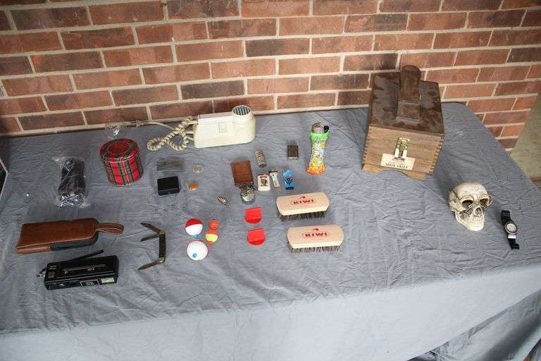 Kiwi Shoe Valet Box, Kiwi Brushes, Sears Mounted Hair Dryer, Vivitar Tele 603 Camera, Christmas Tin, Lighters, Marlboro Lighter, and Misc image
