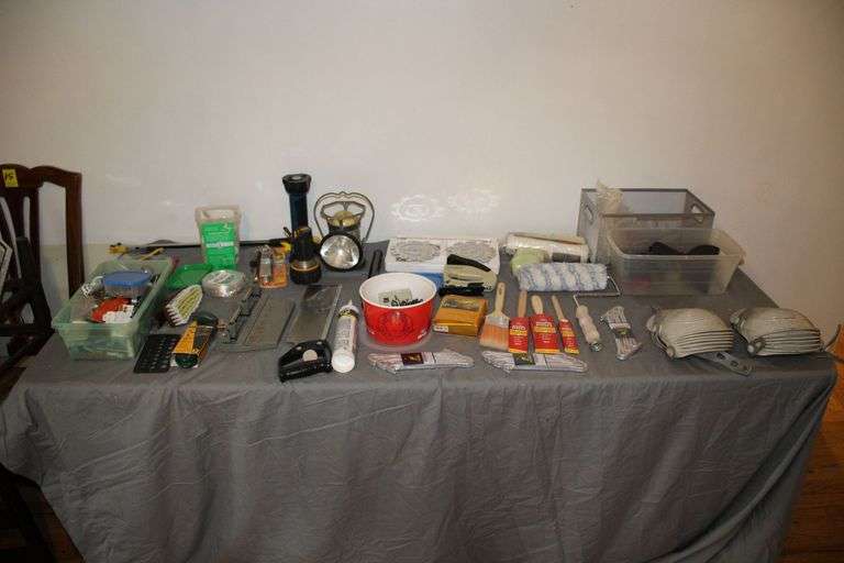 Paint Supplies, Lantern, Flashlight, Grabber, Knee Pads, Miter Saw, and Misc. Hardware image