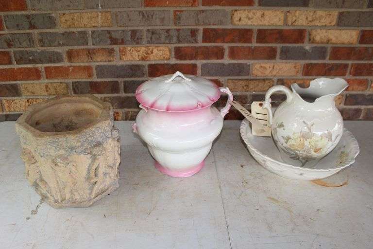 MG Pitcher and Bowl, Revere Vase and Lid, and Concrete Plant Stand image