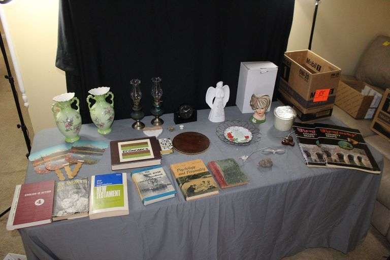 (2) Kentucky County Maps, (3) "The Nettie Lou Antique Shop" Fans, Books, (2) Vases, (2) Oil Lamps, Decorative Plate, and Misc. image
