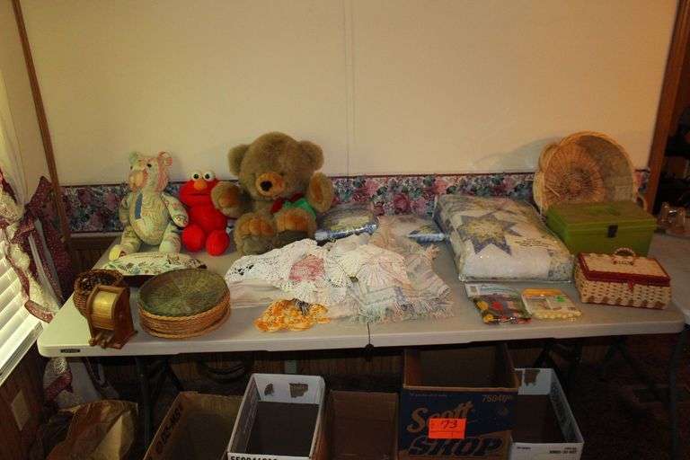 Stuffed Animals, Sewing Pin Bear, Blind Cleaner, Quilts, Wicker Chargers, Toothpick Dispenser, Wicker Basket, Embroidery Floss, Wicker Sewing Box, and Misc. image