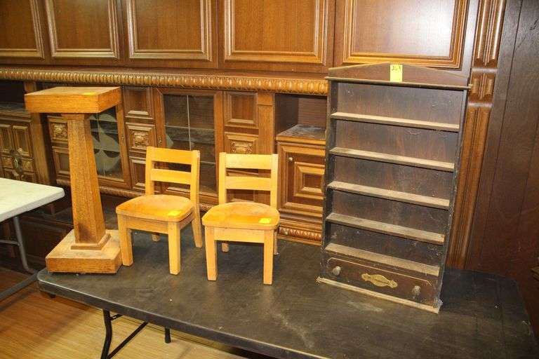 M.J. Hummel Shelf, Wooden Plant Stand, and (2) Small Wooden Chairs image