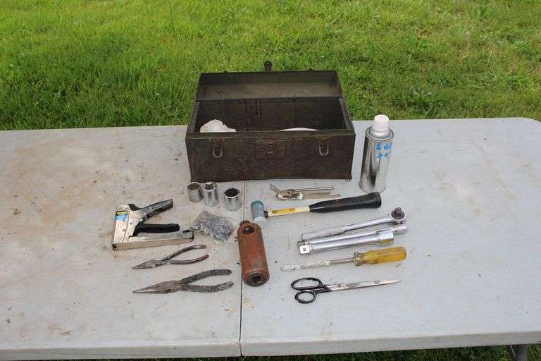 Metal Tool Box, Needle Nose Pliers, 1/2 Inch and 3/4 Inch Drive Sockets and Extensions, 1/2 Inch Drive Ratchet, Stanley Staple Gun, and Misc image