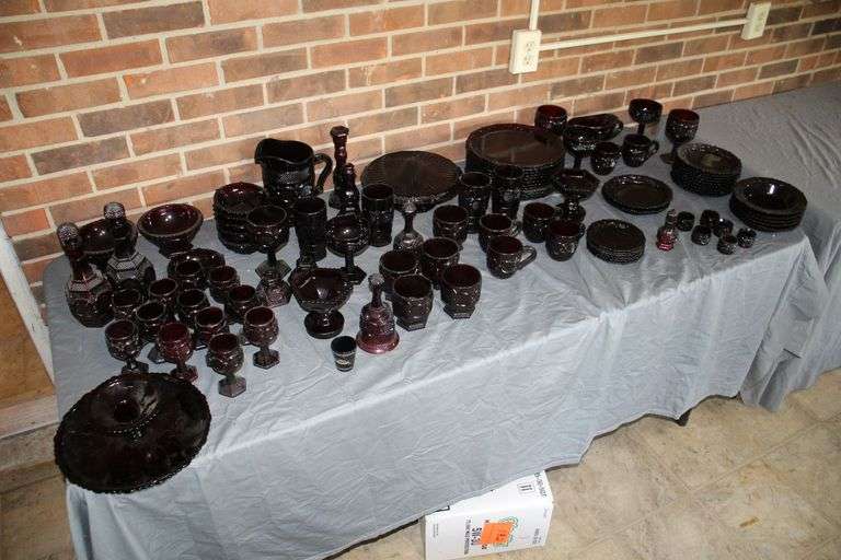 Avon Glass Pitcher, Saucers, Glasses, Cups, Plates, Candle Holders, Cake Plate, and Bell image