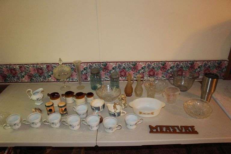 Candy Dish, Blue Jars with Lids, Mixing Glass, Tea Cups, Salt and Pepper Shakers, Vase, Baking Dish, and Misc. image