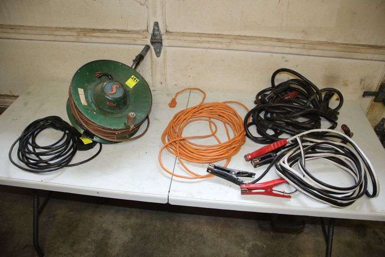 Cord Reel, Electrical Cords, and (2) Sets of Jumper Cables image