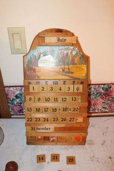 (2) Oil Lamps with Globes, Oil Lamp Base, (3) Rollers, Lamp Oil, Iron, Glass Goblet, and Wooden Calendar