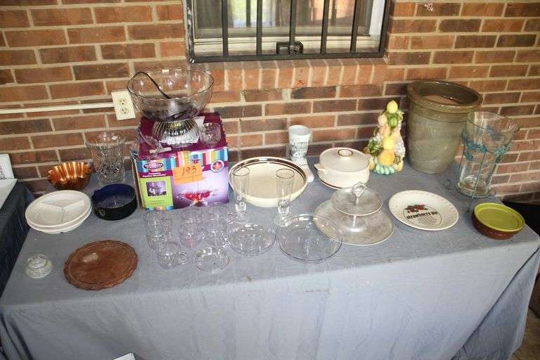 Lighted Pantry Fountain, 2 Layer Serving Dish, Flower Pot, USA Stone Bowl, Camelot Stoneware Pot with Lid, Plastic Plates, (2) Warsteiner Glasses, and Misc image