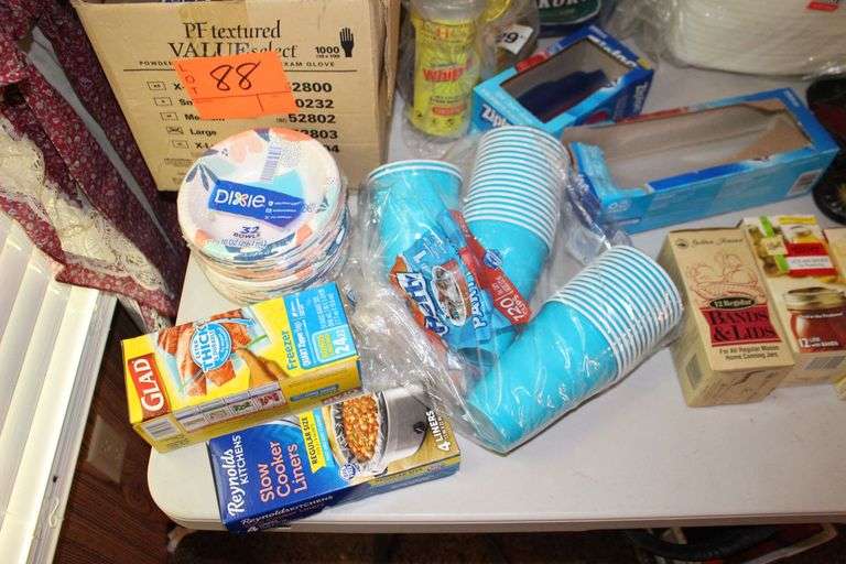 Kingsford Hickory Charcoal, Plastic Cups, Mop Bucket, Car Wall Decorations, Hefty Plates, Guy Williams and Son Thermometer, and Misc.