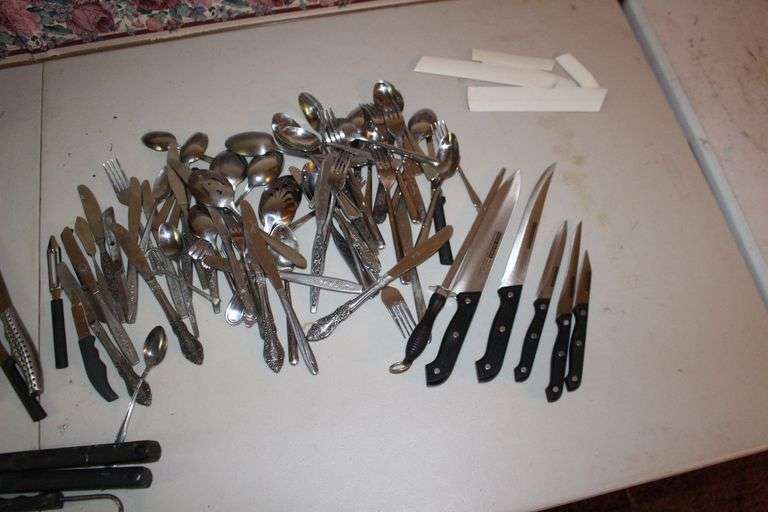 WMA Rogers Silverware and Case, Knives, Forks, Spoons, Knife Holder, and Misc. Utensils