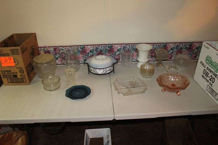 Glass Candy Dishes, Juicer, Bowls, Glass Serving Dish, Vase, Glass Pitcher, Baking Dish with Rack, Pink Candy Dish, and Misc. image
