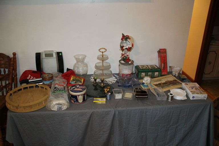Lazy Susans, Tins, 3 Tier Tidbit Tray, Vase, Plastic Sheeting, Cookie Press, Camera Tripod, Bathroom Scales, Music Box, Alarm Clock, and Ceramic Mailbox image