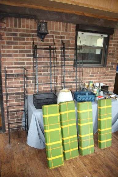 (2) Hanging Shelves, (4) Cushions, Basket, Metal Basket, 4 Section Metal Shelf, Glass Mug, Lamp Shade, Train Cart Jim Beam Decanter, Decorative Mugs, and Misc image