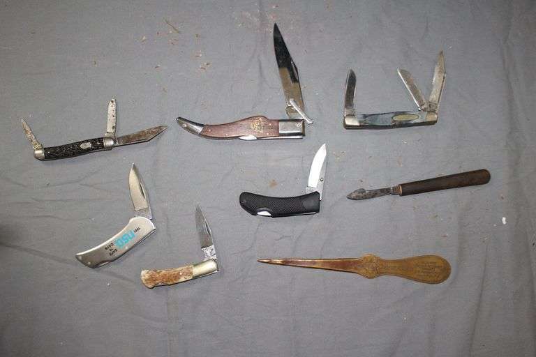 3 Blade Buck Pocket Knife, Single Blade Wildcat Toothpick Knife, 3 Blade Pocket Knife, NSA Lock Back Single Blade Pocket Knife, (2) Letter Openers, and Single Blade Lockback Pocket Knife image