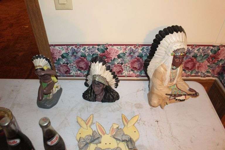 Wooden Bread Basket, Candles, Recipe Box, Spice Box, Pepsi Cola Bottles, Native American Figurines, and Misc.
