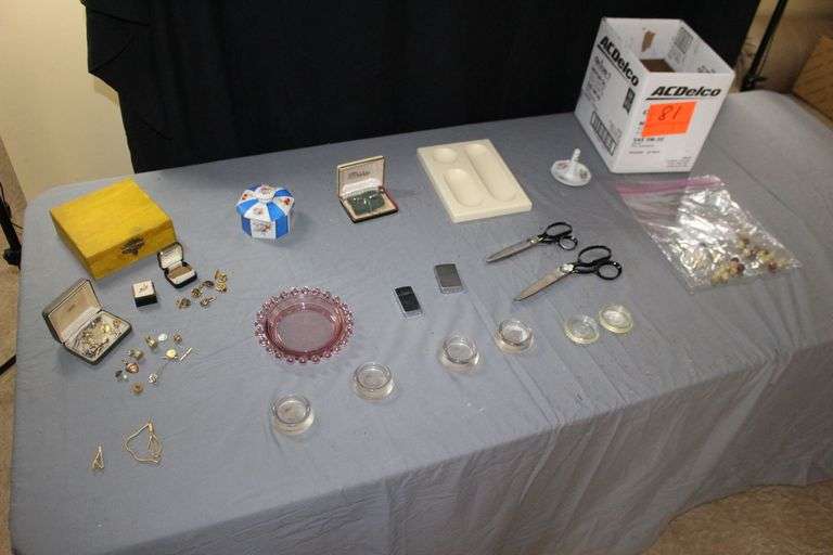 (2) Zippo Lighters, (2) Scissors, Pink Glass Ashtray, Ring Holder, Tie Pins, Cufflinks, Tie Clips, Marbles, Dice, and Misc. image