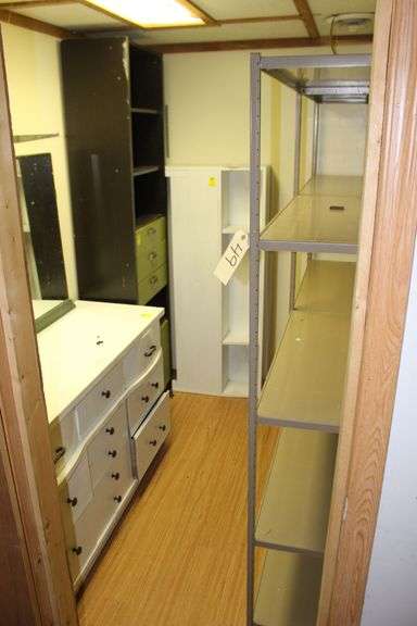 White Dresser with Mirror, Full Sized Headboard, 5 Section Metal Shelf, and Wooden Shelf with Drawers image