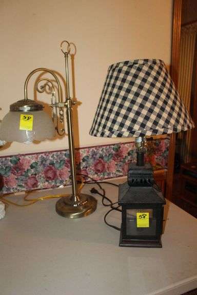 Milk Glass Lamp with Shade and Globe, Pole Lamp, (2) Glass Base Electric Lamps with Shades, Lantern Lamp, and Misc. Lamps