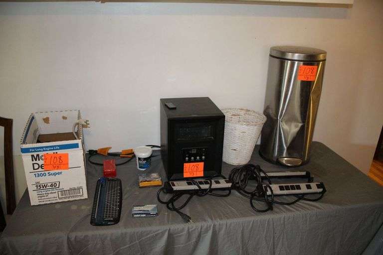 Life Corp. 120V Space Heater, Metal Waste Can, Surge Protectors, Multi-Outlet Cords, Paper Cutter, Blood Pressure Cuff, and Misc. image