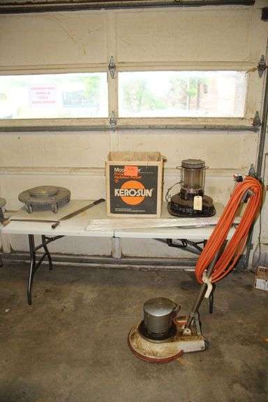 Moonlighter Portable Kerosene Heater, Cello Floor Cleaner, (2) 48 Inch White Screen Kits, Machete, Trash Can Wheels, and 16 Inch Draw Knife image