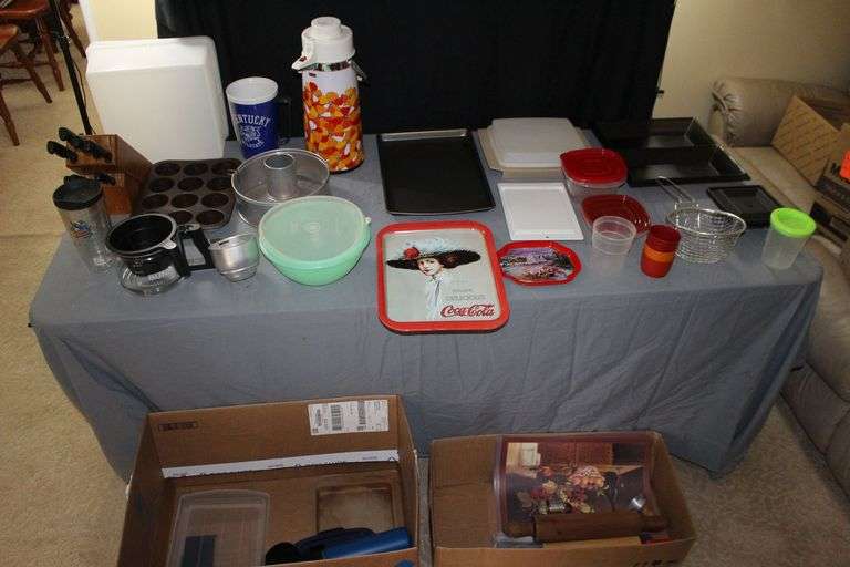 Coca Cola Tin, Frying Basket, Rollers, Bunn Coffee Pot, Plastic Food Containers, Muffin Pan, Baking Pan, Knives and Holder, and Misc. image