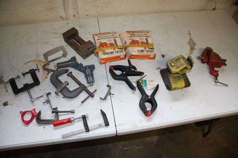 2.5 in Jaw Bench Vise, (2) "Pony" Bar Clamp Fixtures, C-Clamps, Bar Clamp, Holder Vise, and Misc image