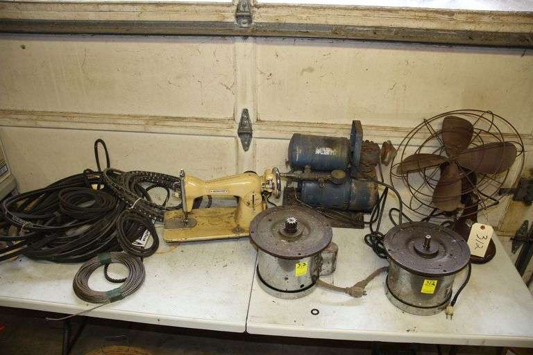 Worthington Air Compressor, (2) Howell Electric Motors, Metal Fans, Various Sized V Belts, Wicker Basket, and Good Housekeeper Sewing Machine image