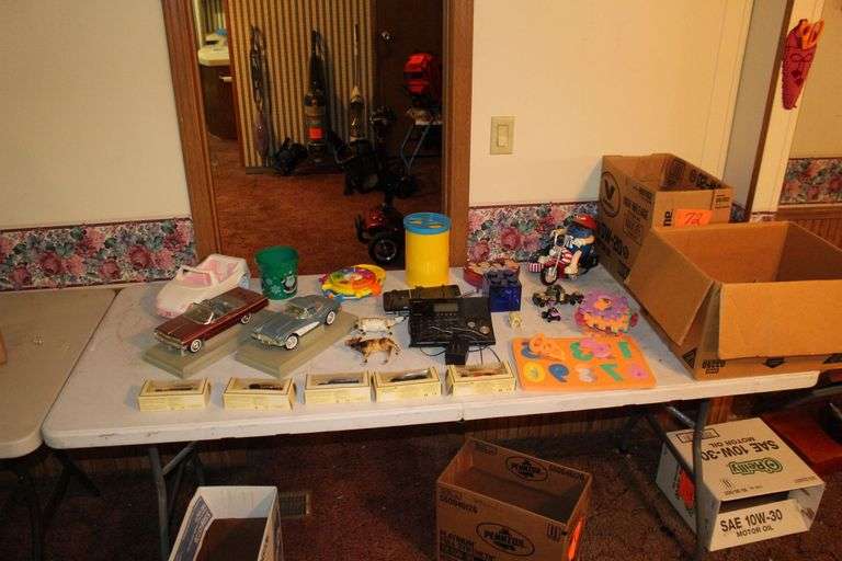 (5) Chevron Commemorative Model Cars, Impala and Corvette Model Cars, M&M Dispenser, Toys, Lego Block Coin Bank, and Misc. image