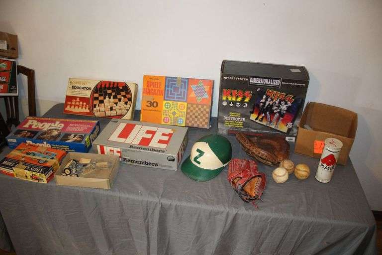 Educator Chess Set, People Weekly Trivia Game, Life Magazine Board Game, Spielemagazin Game, Model A Town Sedan, Helmet, Baseball Gloves, (3) Baseballs, and Kiss Destroyer Sculpture Box image