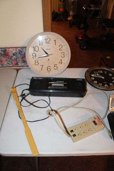 Kruger and Sports Wall Clocks, Sound Design Radio, Back Scratcher, CB Radio, Whistler Scanner, Electrical Wire, and Misc.