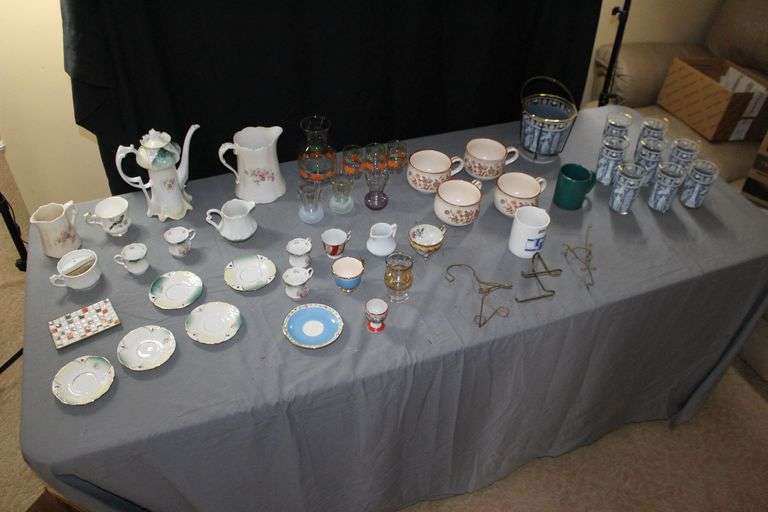 (8) Corinthians Blue Tumbler Glasses and Ice Bucket, Mugs, Tea Glasses and Saucers, Pitchers, Shot Glasses, Orange Glass Pitcher and (3) Glasses, and Misc. image