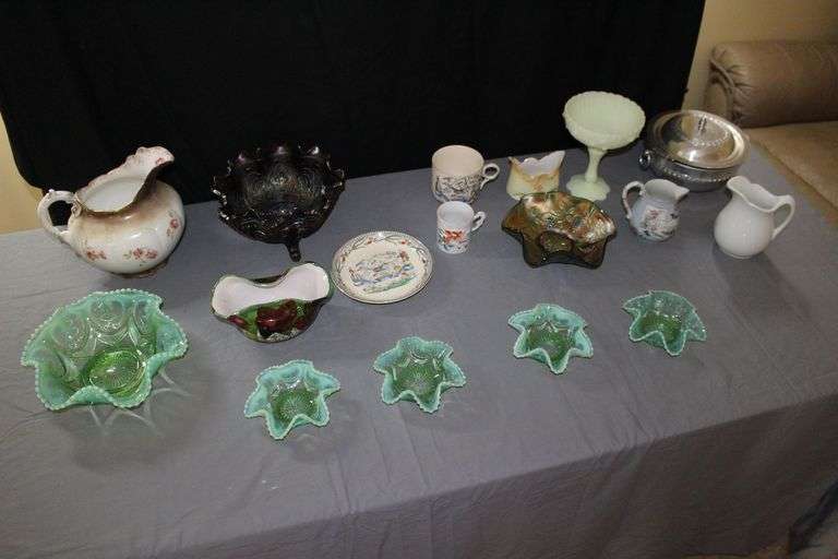 Fenton Glass Candy Dish, Opalescent Wheel and Block Footed Bowls, Carnival Glass Footed Bowl, Metal Bowl, with Lid, Mugs, and Misc. image